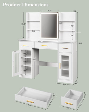 Vanity Desk with Mirror, Lights & Storage