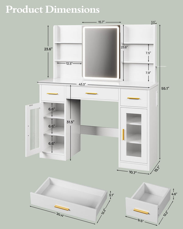 Vanity Desk with Mirror, Lights & Storage
