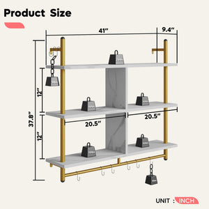 3-Tier Wall Mounted Floating Pipe Shelf with Hooks