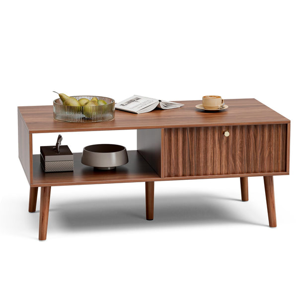 Fluted Door Coffee Table with Storage & Solid Wood Legs