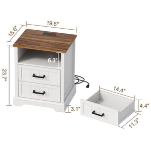 Farmhouse Nightstand Set of 2 with Charging Station & 2 Drawers