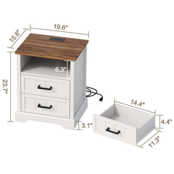 Farmhouse Nightstand Set of 2 with Charging Station & 2 Drawers