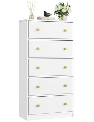 5-Drawer Fabric Dresser with Wood Top – White Storage Tower