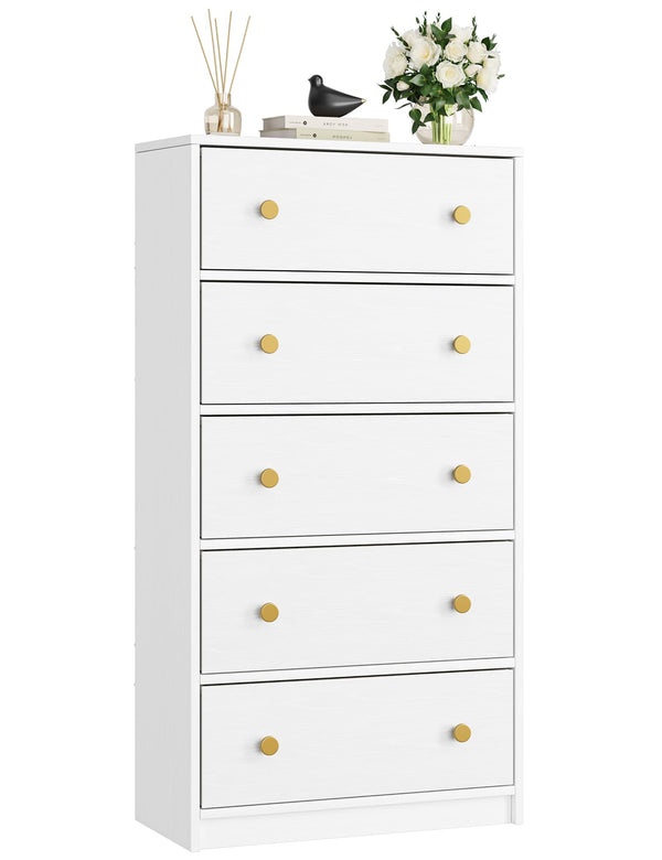 5-Drawer Fabric Dresser with Wood Top – White Storage Tower