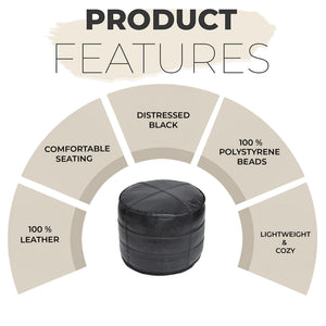 Leather Pouf Ottoman – Round Footstool, Black, 18"x18"x14"