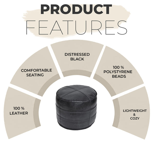 Leather Pouf Ottoman – Round Footstool, Black, 18"x18"x14"