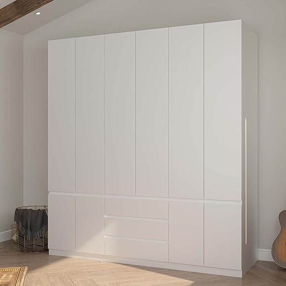 4-Door Armoire Wardrobe Closet with Drawers & Hanging Rod