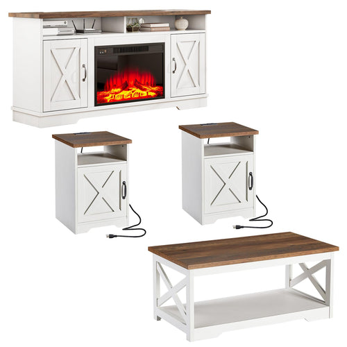 5-Piece Farmhouse Living Room Table Set with Electric Fireplace