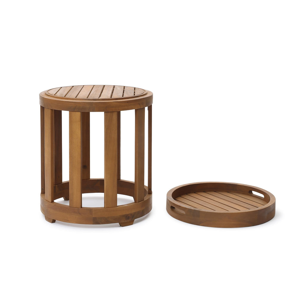 Acacia Wood Outdoor Side Table with Removable Tray Top & Slatted Design