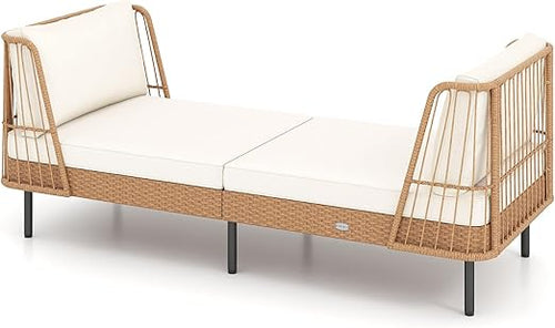Outdoor PE Rattan Daybed Loveseat with Cushions & Metal Legs