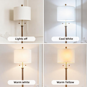 Rustic Wooden Floor Lamp with Linen Shade & Dual Pull Chain