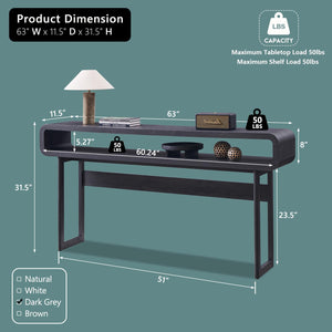 63" Narrow Console Table with Open Shelf, Curved Modern Design