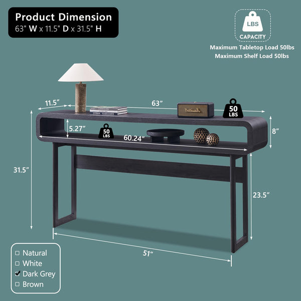 63" Narrow Console Table with Open Shelf, Curved Modern Design
