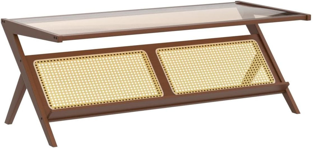 Bamboo Glass Top Coffee Table with Rattan Shelf