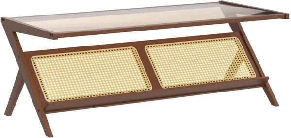 Bamboo Glass Top Coffee Table with Rattan Shelf