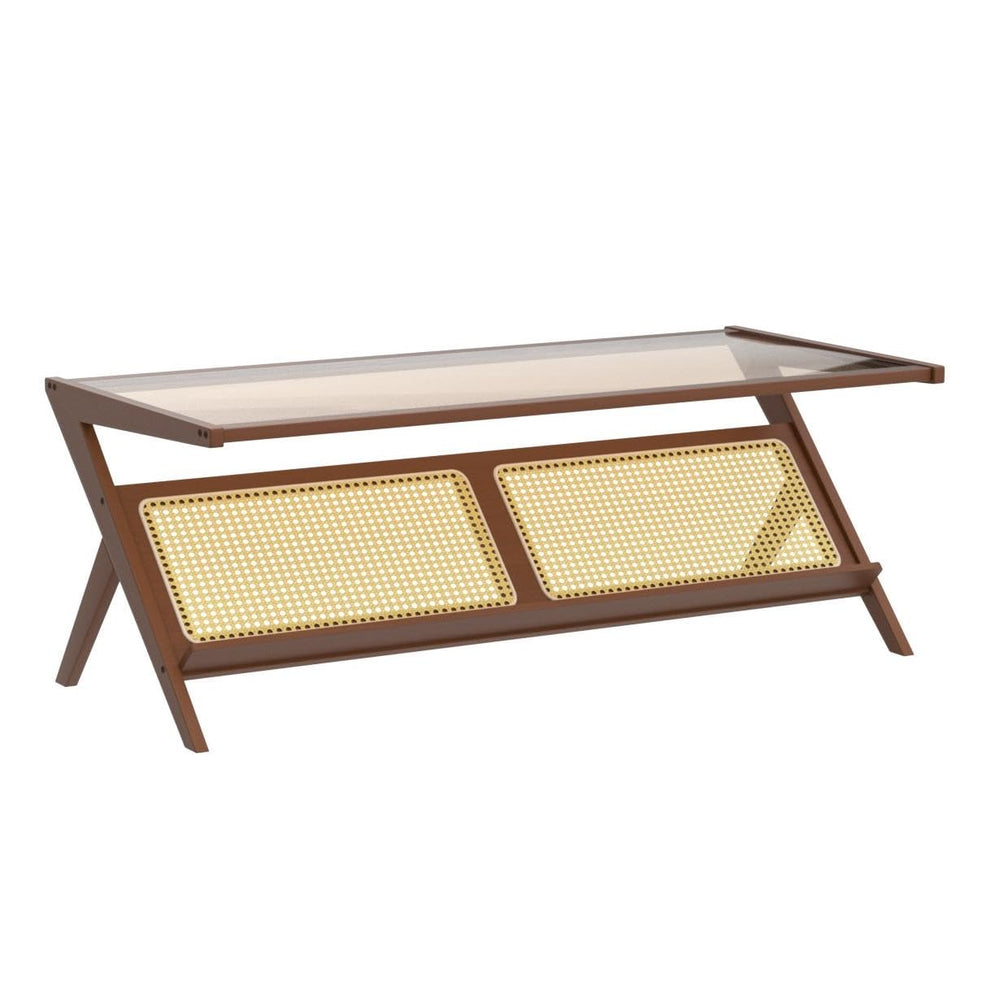 Bamboo Glass Top Coffee Table with Rattan Shelf