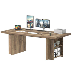 70" Large Executive Desk with Storage Shelves, Industrial Wood