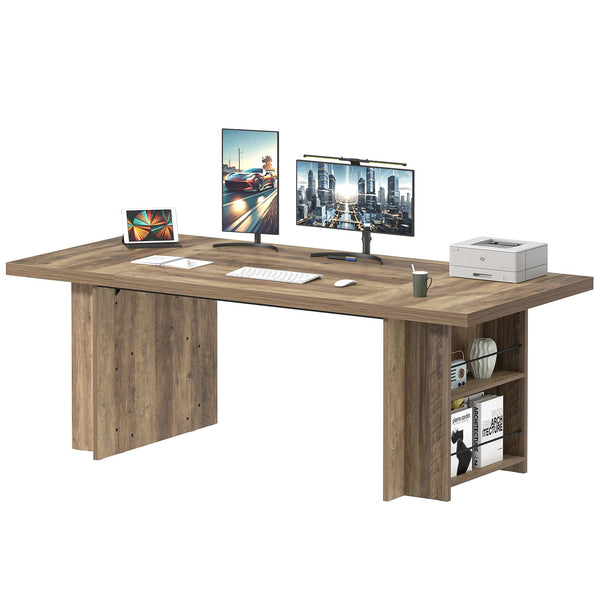 70" Large Executive Desk with Storage Shelves, Industrial Wood