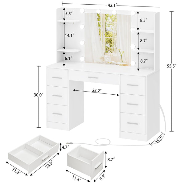 Vanity Desk with LED Mirror, Drawers & Charging Station