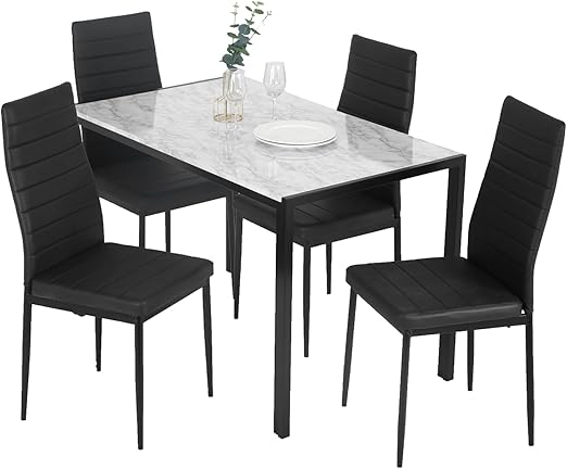 5-Piece Glass Dining Table Set with 4 Upholstered Faux Leather Chairs