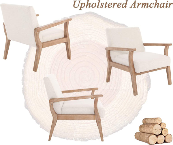 Mid-Century Modern Accent Chair – Beige Linen, Wood Frame