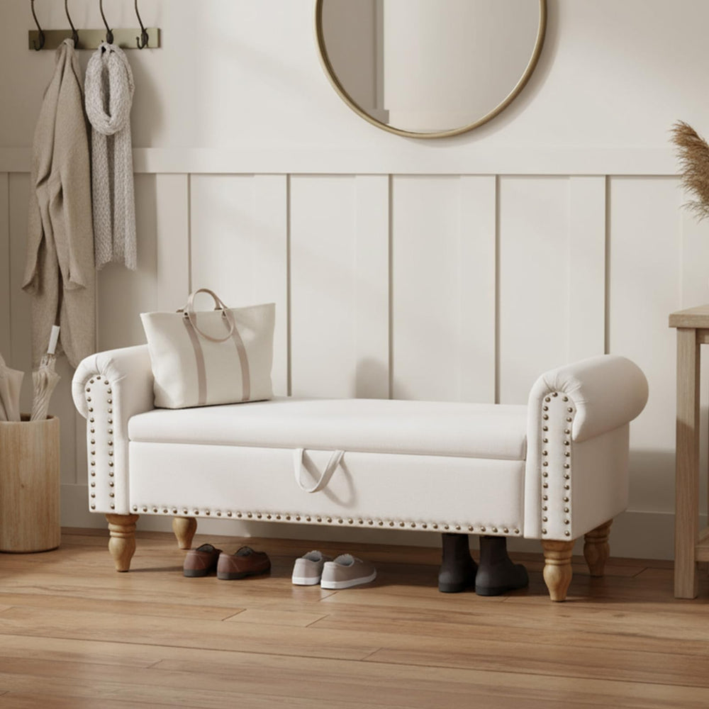 Upholstered Storage Bench with Rolled Arms – 51.5"