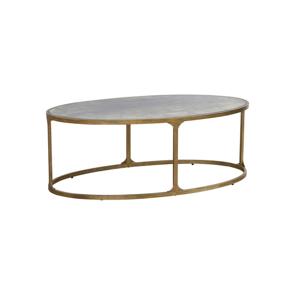 Oval Coffee Table – Tempered Glass Top, Faux Marble Finish, Antique Gold