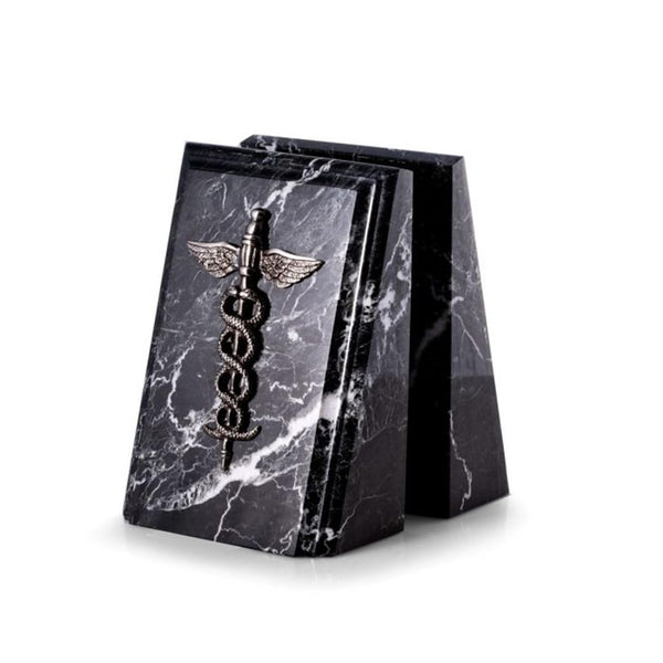 Zebra Marble Caduceus Bookends with Engraving – Set of 2