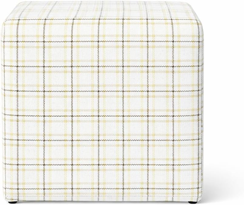 19" Square Upholstered Cube Ottoman – Wood Frame, Plaid Fabric