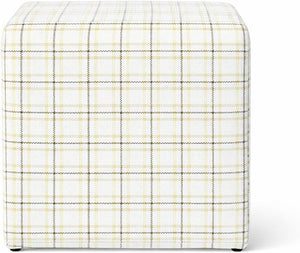 19" Square Upholstered Cube Ottoman – Wood Frame, Plaid Fabric