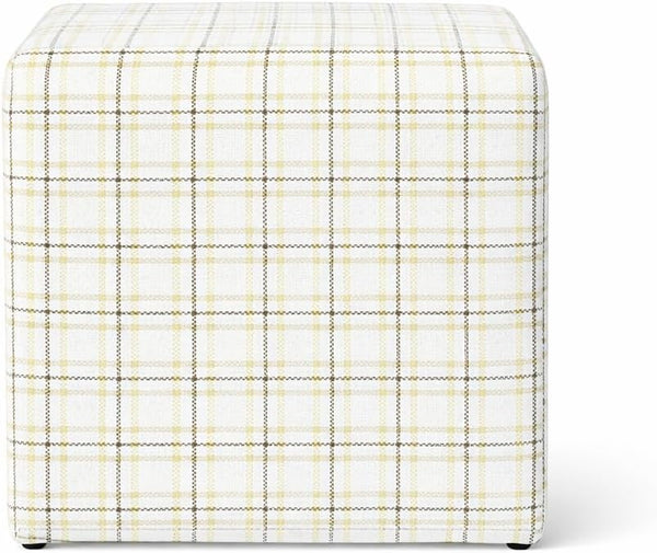 19" Square Upholstered Cube Ottoman – Wood Frame, Plaid Fabric