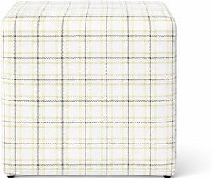 19" Square Upholstered Cube Ottoman – Wood Frame, Plaid Fabric