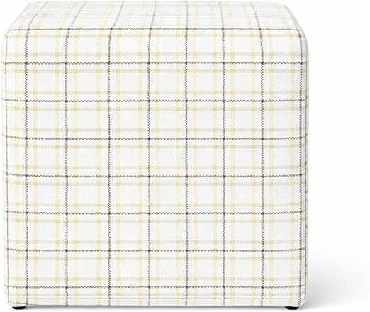 19" Square Upholstered Cube Ottoman – Wood Frame, Plaid Fabric