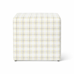 19" Square Upholstered Cube Ottoman – Wood Frame, Plaid Fabric