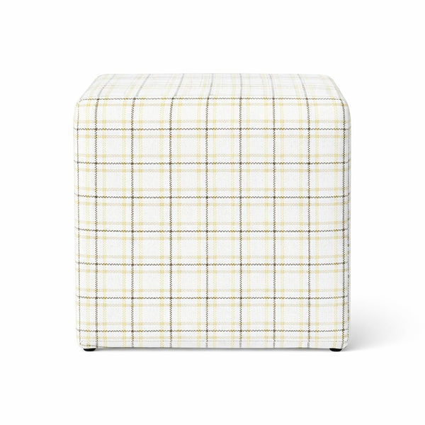19" Square Upholstered Cube Ottoman – Wood Frame, Plaid Fabric