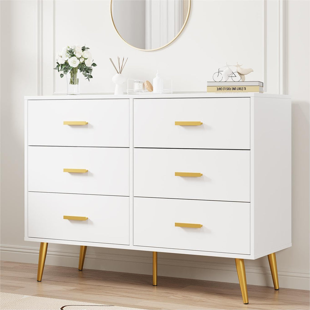 6-Drawer Dresser with Gold Handles | Modern Wooden Chest for Bedroom