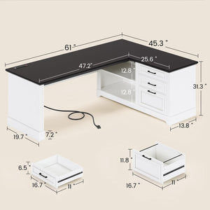 L-Shaped Executive Desk with File Drawers & Power Outlets