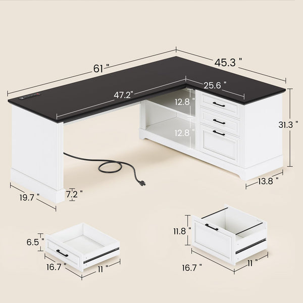 L-Shaped Executive Desk with File Drawers & Power Outlets