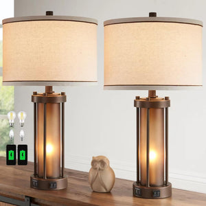 Farmhouse Table Lamps Set of 2 with USB Charging Ports & Amber Glass Nightlight