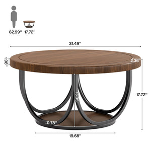 Round Coffee Table with Storage Shelf, 2-Tier Metal Frame