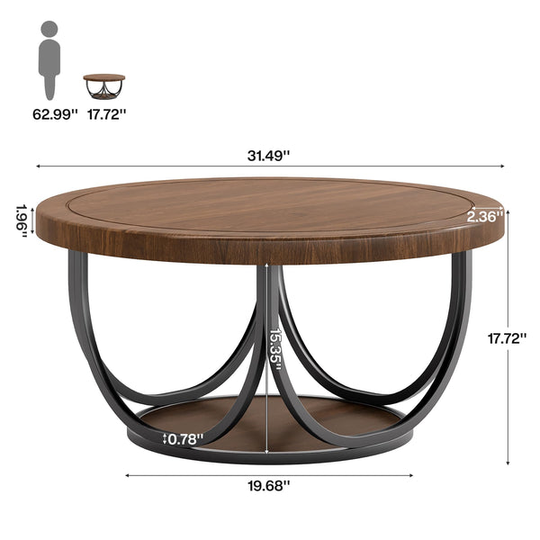 Round Coffee Table with Storage Shelf, 2-Tier Metal Frame