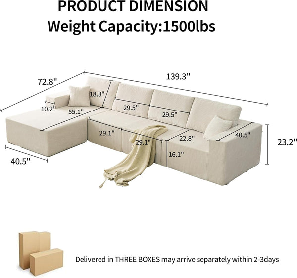 L-Shaped Sectional Sofa with Deep Seat – Corduroy, No Assembly