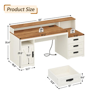 65-Inch Farmhouse Computer Desk with Drawers and Power Outlets