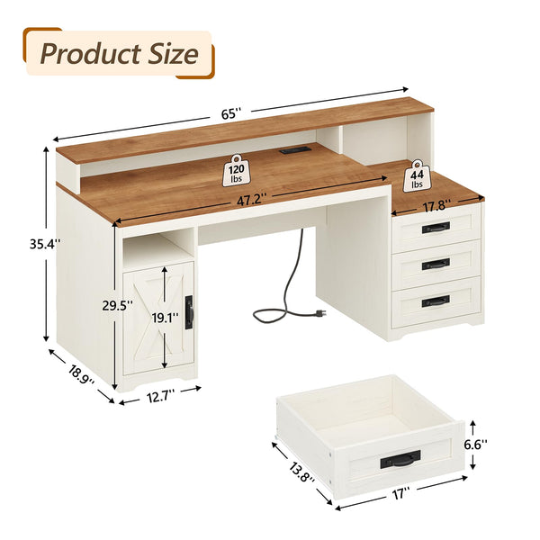 65-Inch Farmhouse Computer Desk with Drawers and Power Outlets