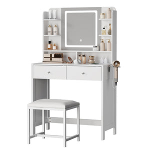 Lighted Vanity with Mirror, Stool & Storage