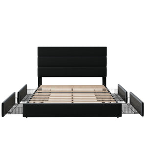 Queen Platform Bed Frame with Storage Drawers & Velvet Headboard