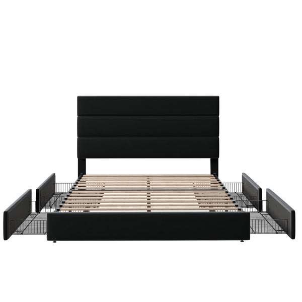 Queen Platform Bed Frame with Storage Drawers & Velvet Headboard