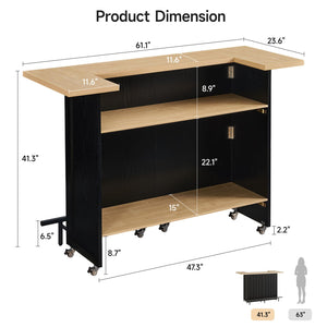 61-Inch Foldable Bar Table with Storage Cabinet & Lockable Wheels