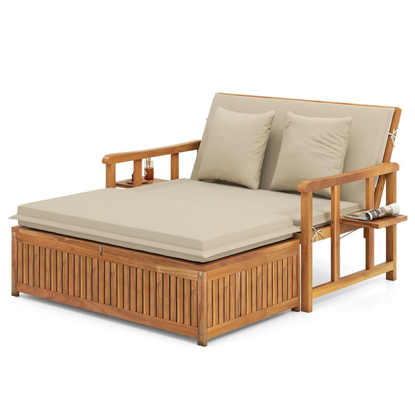 Acacia Wood Outdoor Daybed Set with Adjustable Backrest & Storage Ottoman