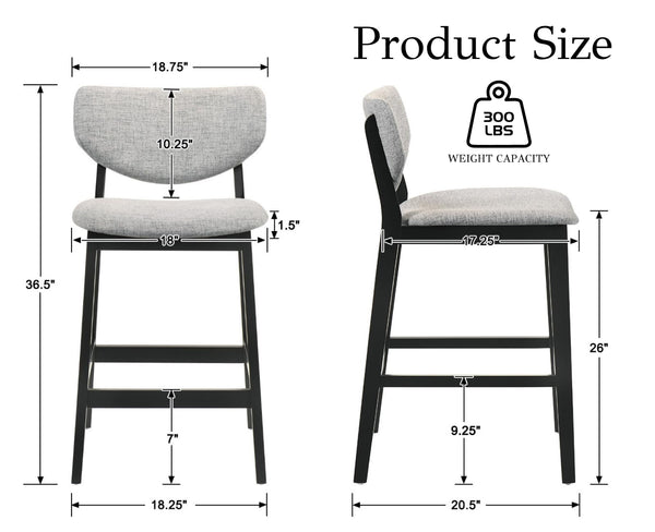 Counter Height Bar Stools with Backs — Farmhouse Linen Upholstered, Grey (Set Options)